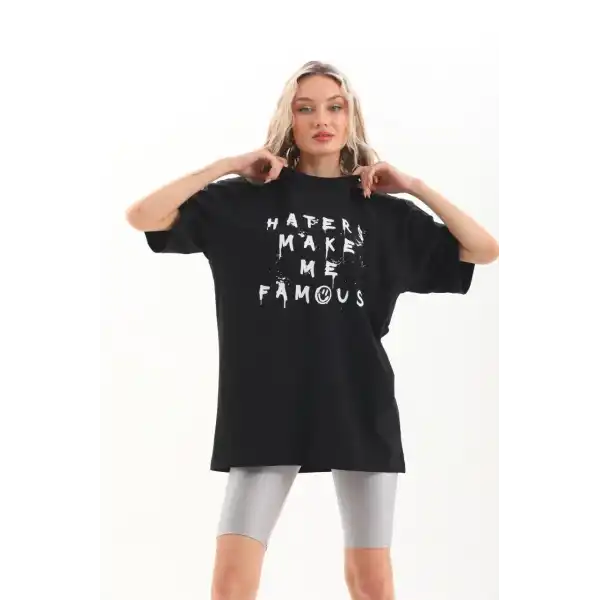 Kadın Kısa Kol Yazlık Tişört Bisiklet Yaka Baskılı Oversize T-Shirt - Siyah
