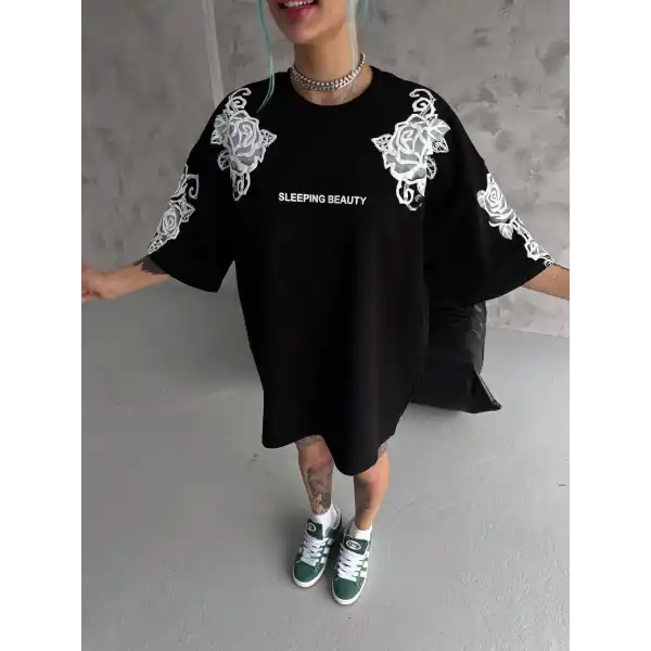 Kadın Kısa Kol Yazlık Tişört Bisiklet Yaka Baskılı Oversize T-Shirt - Siyah
