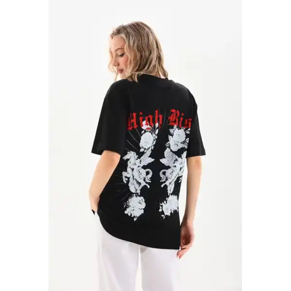 Kadın Kısa Kol Yazlık Tişört Bisiklet Yaka Baskılı Oversize T-Shirt - Siyah