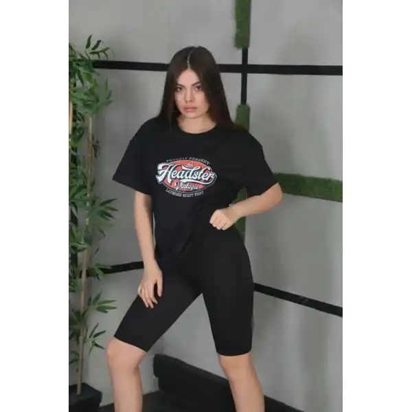 Kadın Kısa Kol Yazlık Tişört Bisiklet Yaka Baskılı Oversize T-Shirt - Siyah