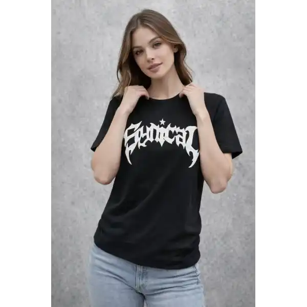 Kadın Kısa Kol Yazlık Tişört Bisiklet Yaka Baskılı Oversize T-Shirt - Siyah