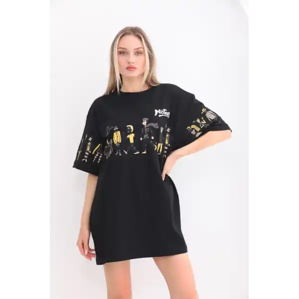 Kadın Kısa Kol Yazlık Tişört Bisiklet Yaka Baskılı Oversize T-Shirt - Siyah