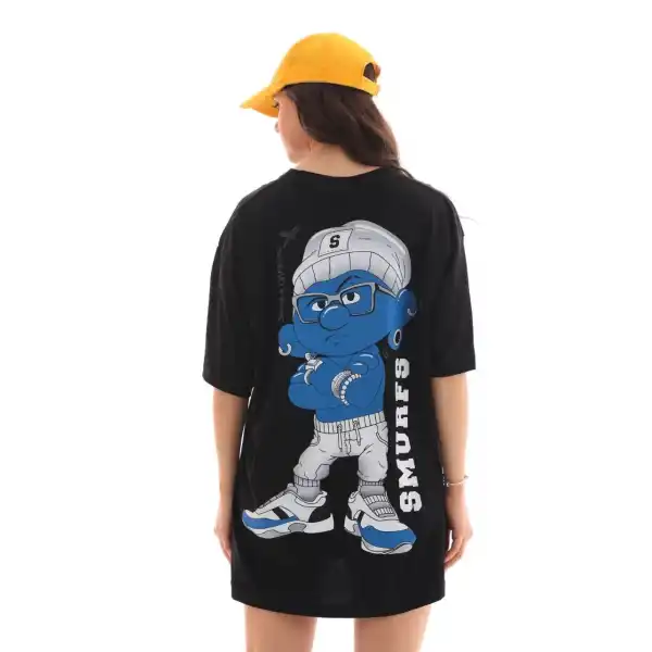 Kadın Kısa Kol Yazlık Tişört Bisiklet Yaka Baskılı Oversize T-Shirt - Siyah