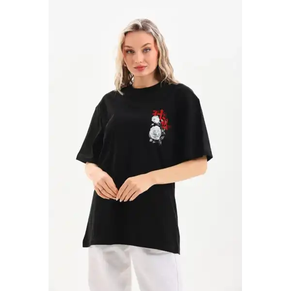 Kadın Kısa Kol Yazlık Tişört Bisiklet Yaka Baskılı Oversize T-Shirt - Siyah