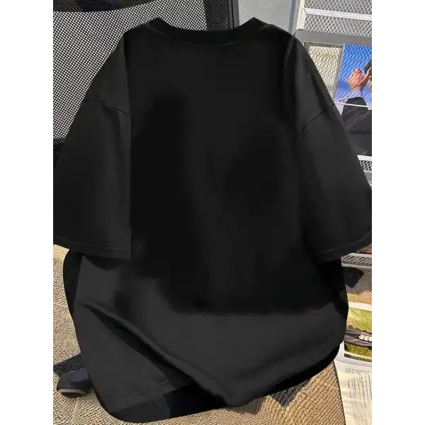 Kadın Kısa Kol Yazlık Tişört Bisiklet Yaka Baskılı Oversize T-Shirt - Siyah