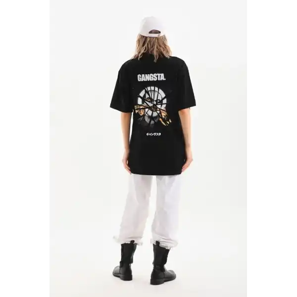 Kadın Kısa Kol Yazlık Tişört Bisiklet Yaka Baskılı Oversize T-Shirt - Siyah