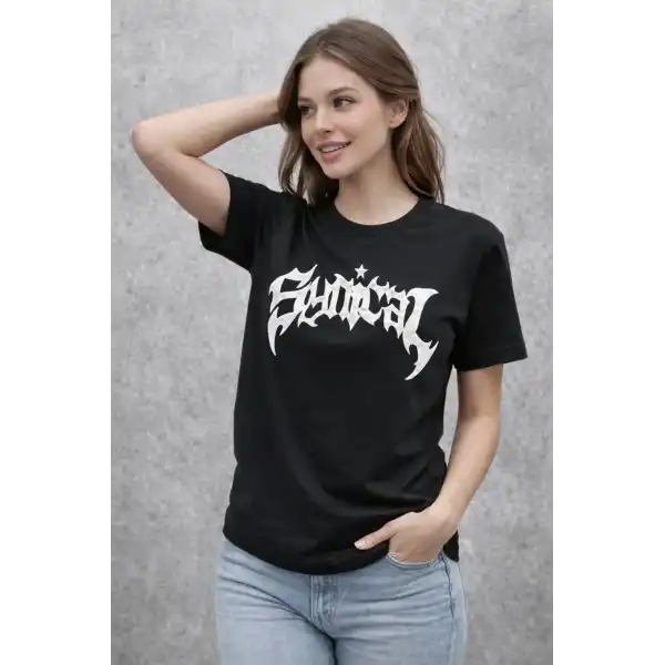 Kadın Kısa Kol Yazlık Tişört Bisiklet Yaka Baskılı Oversize T-Shirt - Siyah