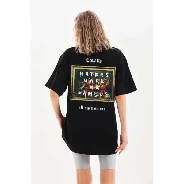 Kadın Kısa Kol Yazlık Tişört Bisiklet Yaka Baskılı Oversize T-Shirt - Siyah