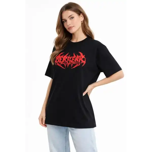 Kadın Kısa Kol Yazlık Tişört Bisiklet Yaka Baskılı Oversize T-Shirt -  Siyah