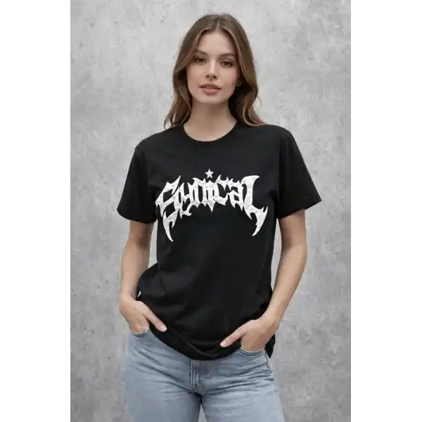 Kadın Kısa Kol Yazlık Tişört Bisiklet Yaka Baskılı Oversize T-Shirt - Siyah