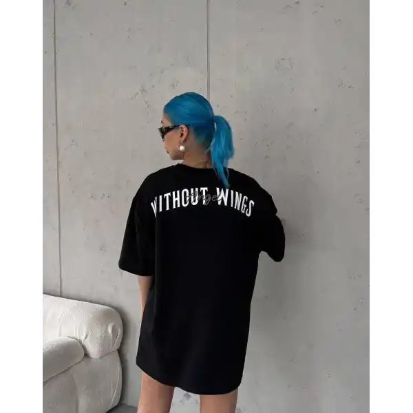Kadın Kısa Kol Yazlık Tişört Bisiklet Yaka Baskılı Oversize T-Shirt -  Siyah