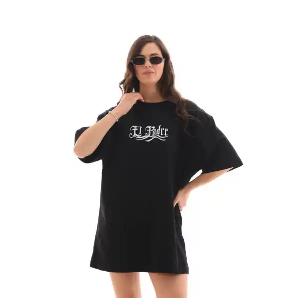 Kadın Kısa Kol Yazlık Tişört Bisiklet Yaka Baskılı Oversize T-Shirt - Siyah
