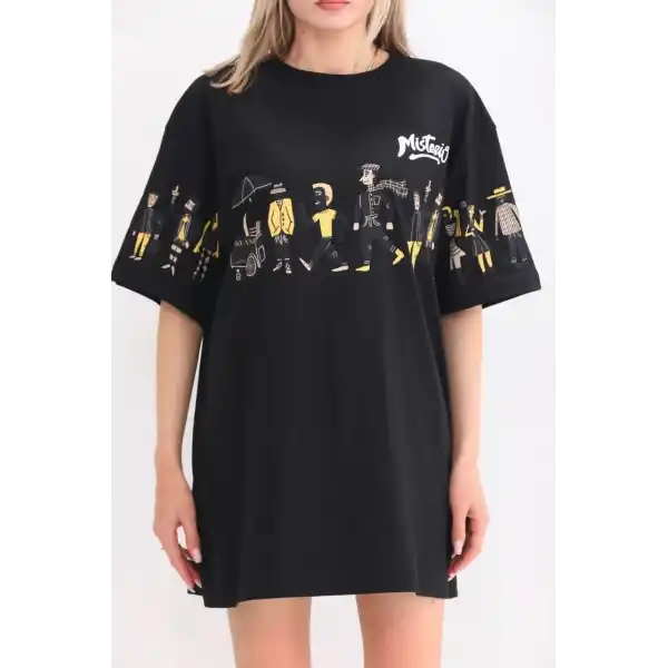 Kadın Kısa Kol Yazlık Tişört Bisiklet Yaka Baskılı Oversize T-Shirt - Siyah