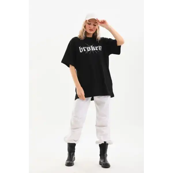 Kadın Kısa Kol Yazlık Tişört Bisiklet Yaka Baskılı Oversize T-Shirt - Siyah