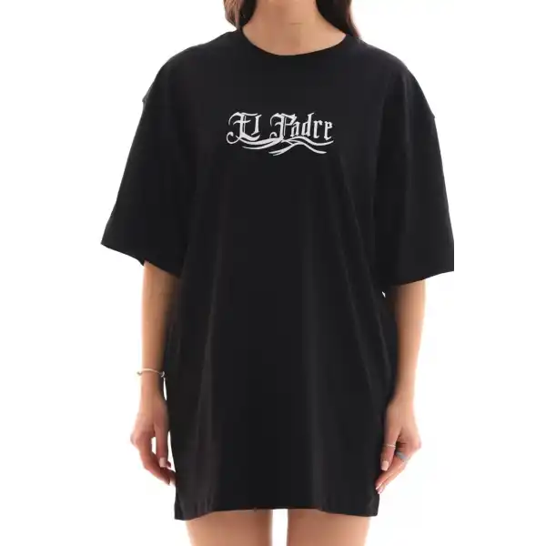 Kadın Kısa Kol Yazlık Tişört Bisiklet Yaka Baskılı Oversize T-Shirt - Siyah