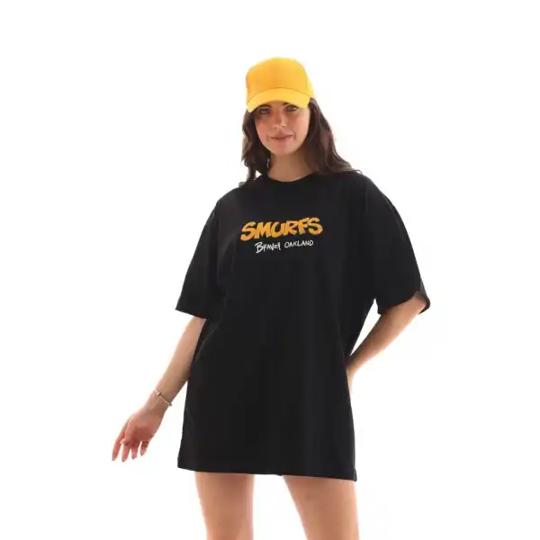 Kadın Kısa Kol Yazlık Tişört Bisiklet Yaka Baskılı Oversize T-Shirt - Siyah