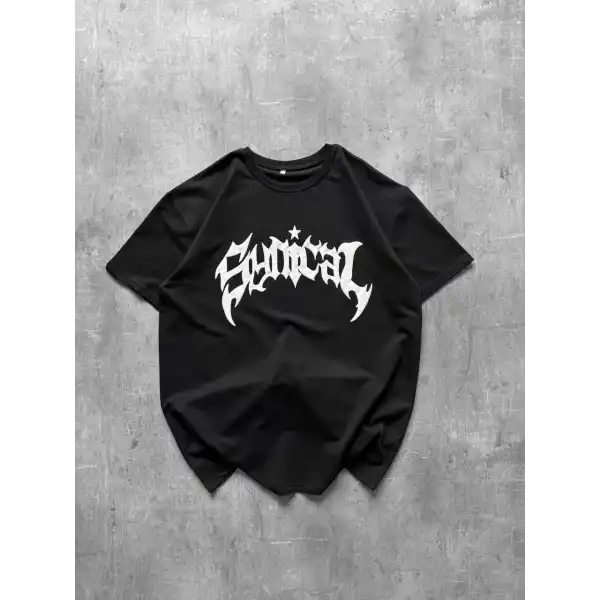 Kadın Kısa Kol Yazlık Tişört Bisiklet Yaka Baskılı Oversize T-Shirt - Siyah