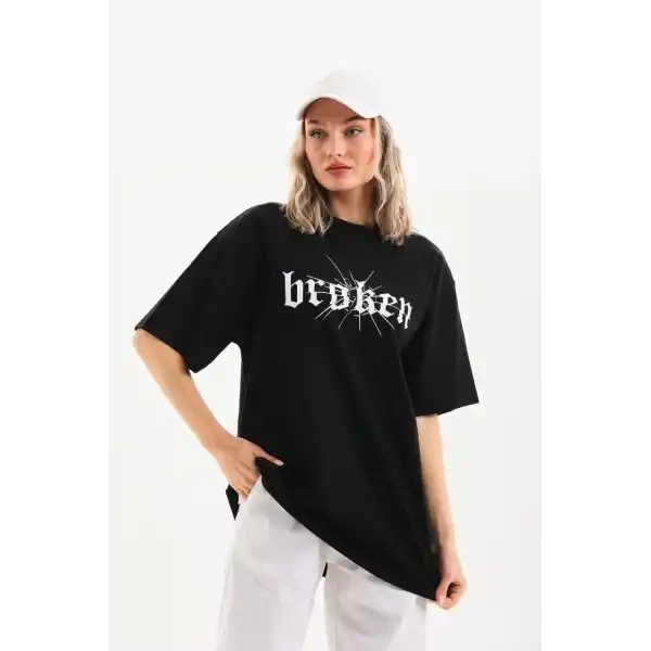 Kadın Kısa Kol Yazlık Tişört Bisiklet Yaka Baskılı Oversize T-Shirt - Siyah