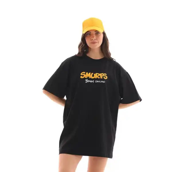 Kadın Kısa Kol Yazlık Tişört Bisiklet Yaka Baskılı Oversize T-Shirt - Siyah