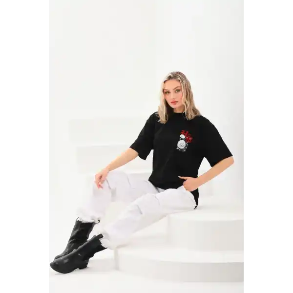 Kadın Kısa Kol Yazlık Tişört Bisiklet Yaka Baskılı Oversize T-Shirt - Siyah