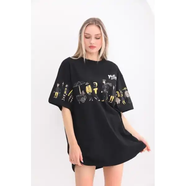 Kadın Kısa Kol Yazlık Tişört Bisiklet Yaka Baskılı Oversize T-Shirt - Siyah