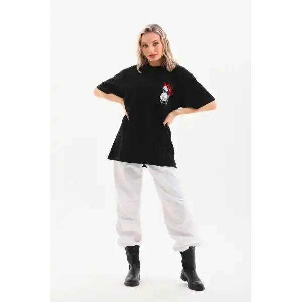 Kadın Kısa Kol Yazlık Tişört Bisiklet Yaka Baskılı Oversize T-Shirt - Siyah