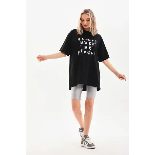 Kadın Kısa Kol Yazlık Tişört Bisiklet Yaka Baskılı Oversize T-Shirt - Siyah