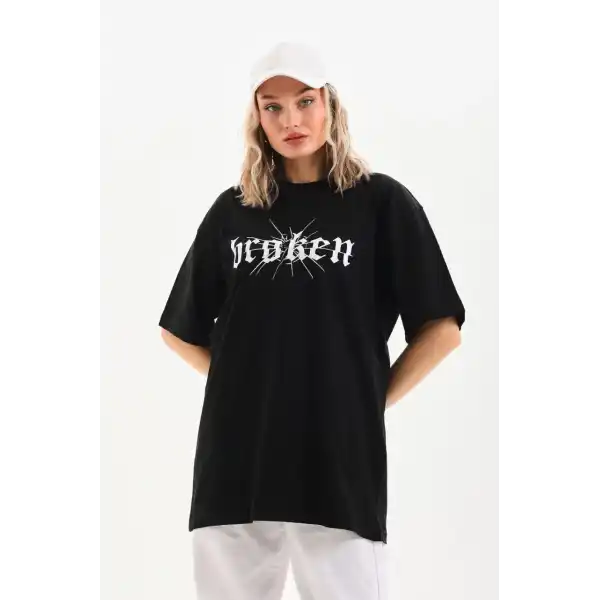 Kadın Kısa Kol Yazlık Tişört Bisiklet Yaka Baskılı Oversize T-Shirt - Siyah