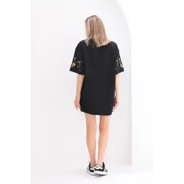 Kadın Kısa Kol Yazlık Tişört Bisiklet Yaka Baskılı Oversize T-Shirt - Siyah