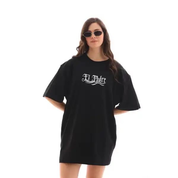 Kadın Kısa Kol Yazlık Tişört Bisiklet Yaka Baskılı Oversize T-Shirt - Siyah
