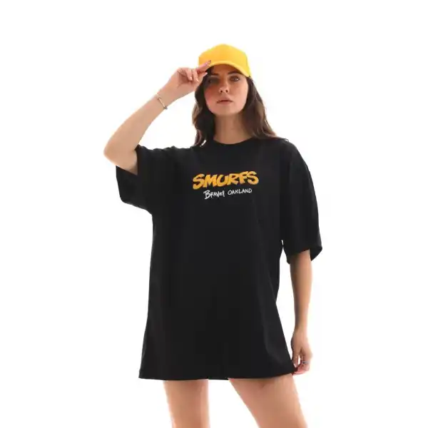 Kadın Kısa Kol Yazlık Tişört Bisiklet Yaka Baskılı Oversize T-Shirt - Siyah