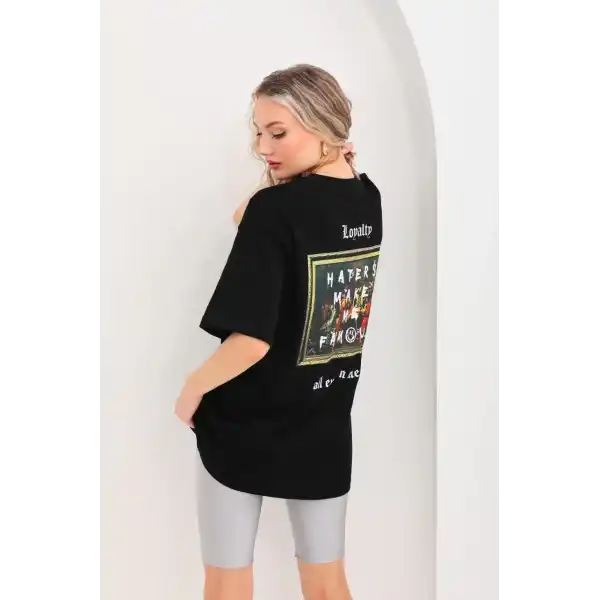 Kadın Kısa Kol Yazlık Tişört Bisiklet Yaka Baskılı Oversize T-Shirt - Siyah