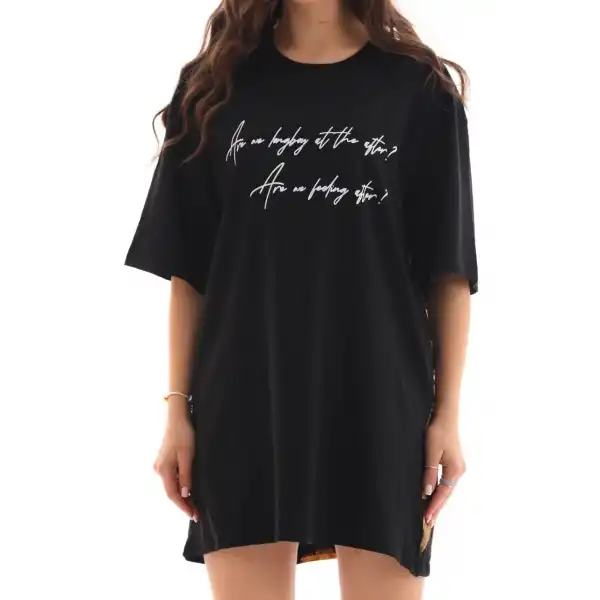 Kadın Kısa Kol Yazlık Tişört Bisiklet Yaka Baskılı Oversize T-Shirt - Siyah