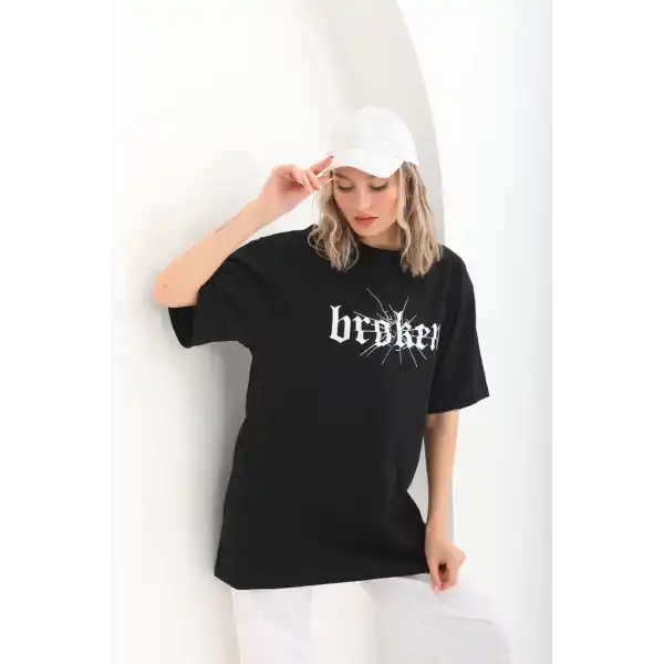 Kadın Kısa Kol Yazlık Tişört Bisiklet Yaka Baskılı Oversize T-Shirt - Siyah