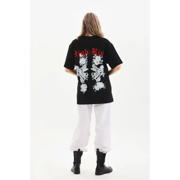 Kadın Kısa Kol Yazlık Tişört Bisiklet Yaka Baskılı Oversize T-Shirt - Siyah