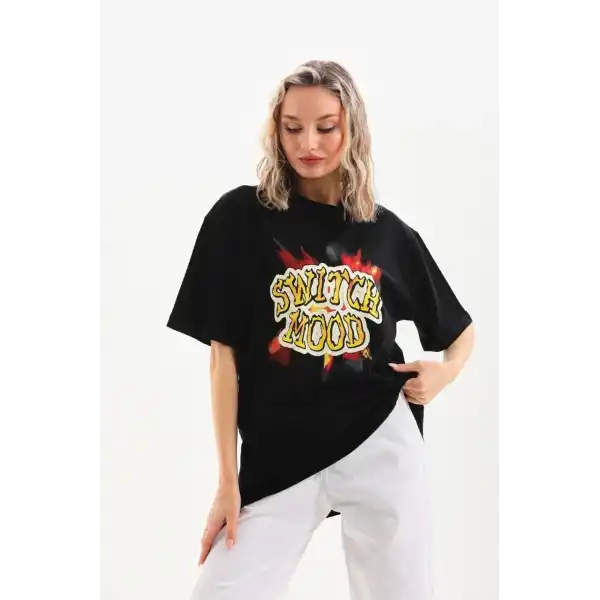 Kadın Kısa Kol Yazlık Tişört Bisiklet Yaka Ejderha Baskılı T-Shirt - Siyah
