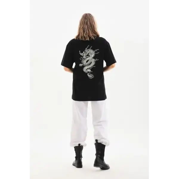 Kadın Kısa Kol Yazlık Tişört Bisiklet Yaka Ejderha Baskılı T-Shirt - Siyah