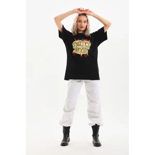 Kadın Kısa Kol Yazlık Tişört Bisiklet Yaka Ejderha Baskılı T-Shirt - Siyah