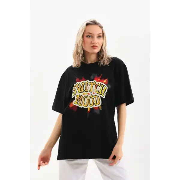 Kadın Kısa Kol Yazlık Tişört Bisiklet Yaka Ejderha Baskılı T-Shirt - Siyah