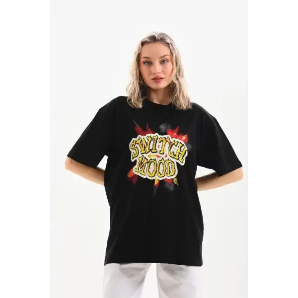 Kadın Kısa Kol Yazlık Tişört Bisiklet Yaka Ejderha Baskılı T-Shirt - Siyah