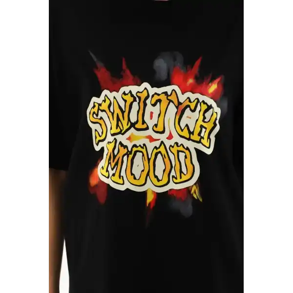 Kadın Kısa Kol Yazlık Tişört Bisiklet Yaka Ejderha Baskılı T-Shirt - Siyah