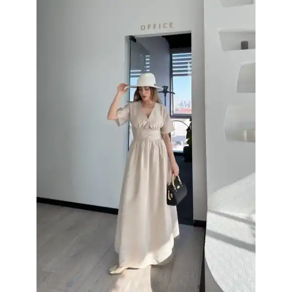 Kadın Kısa Kollu Uzun Elbise - Kırık Beyaz