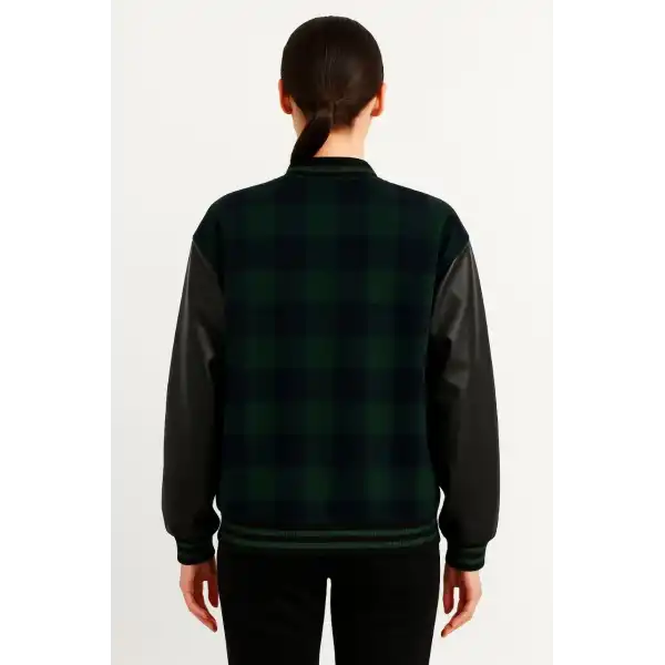 Kadın Kolej Ceket – Kareli Oduncu Kumaş, Kolları Suni Deri, Fermuarlı, İçi Kapitone Astarlı, Nakışlı Oversize Bahar & Kış Stil - Haki