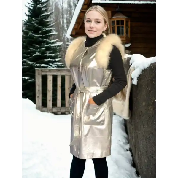 Kadın Kolsuz Hakiki Deri Kürk - Gri