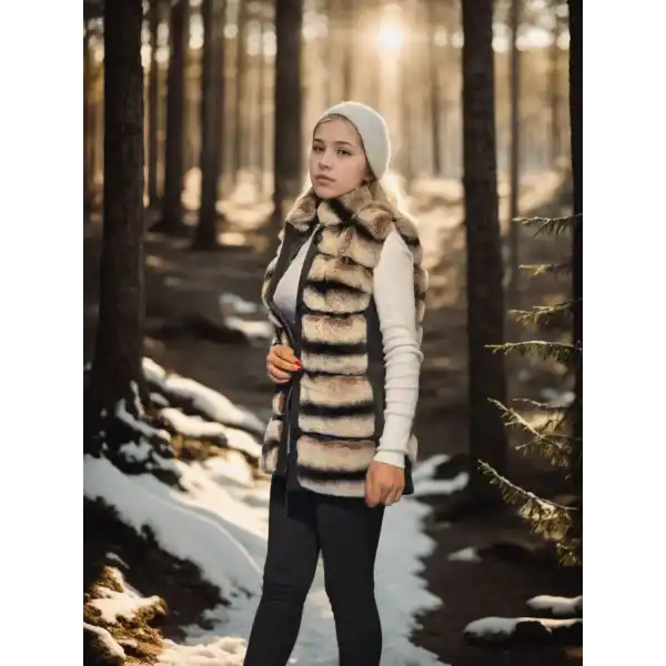 Kadın Kolsuz Hakiki Deri Kürk - Siyah