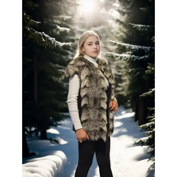 Kadın Kolsuz Hakiki Deri Kürk - Siyah