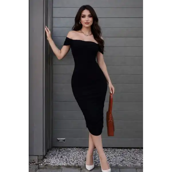 Kadın Madonna Yaka Drapeli Midi Elbise Likralı Vücuda Oturan Davet Elbisesi - Siyah