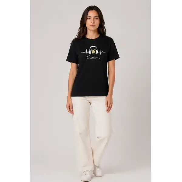 Kadın Müzik Temalı Baskılı Tişört Bisiklet Yaka Kısa Kol T-Shirt - Siyah