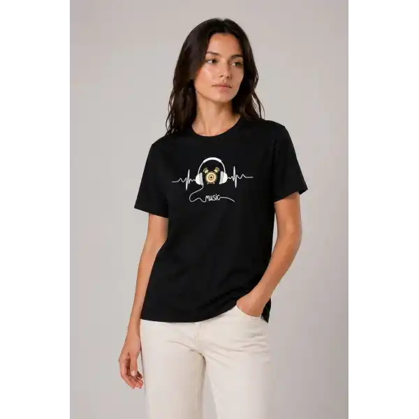 Kadın Müzik Temalı Baskılı Tişört Bisiklet Yaka Kısa Kol T-Shirt - Siyah