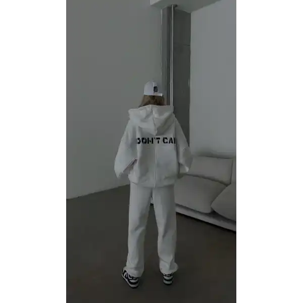 Kadın Nakış İşlemeli 3 İplik Pamuklu Sweat Alt-Üst Takım- Beyaz